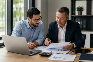 Massachusetts business owner reviewing monthly bookkeeping reports with a CPA to improve tax planning, cash flow management, and business decision-making.