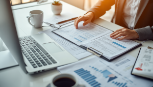 A CPA and a Massachusetts business owner organizing documents to prepare business financials for a bank loan.